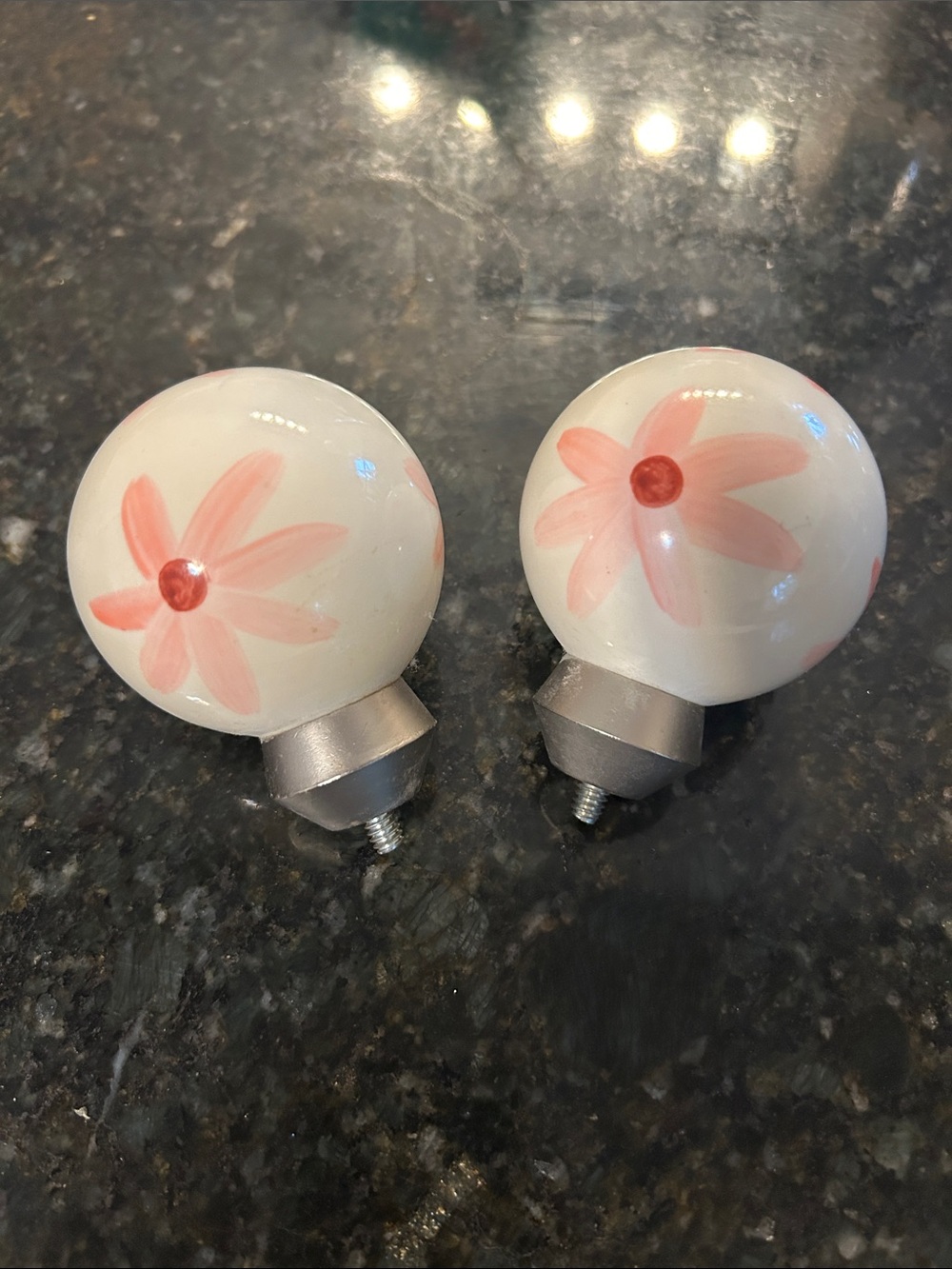 Hand-Painted Floral Ceramic Curtain Finials - Pink on White (Set of 2)